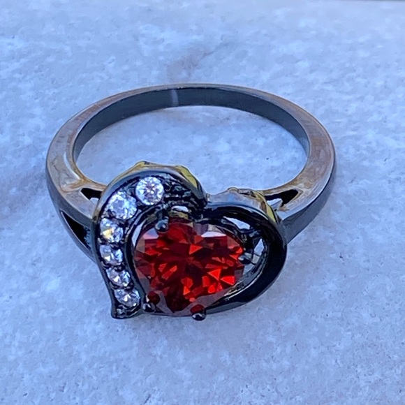 Lab created Ruby heart ring sz 8 black gold plated with Cz - Picture 10 of 16